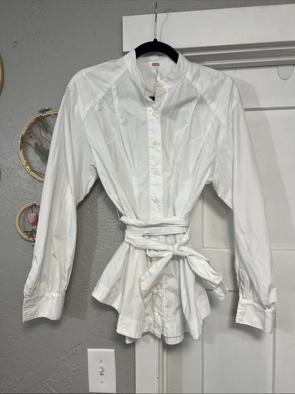 FREE PEOPLE WOMEN’S WHITE ABBEY BUTTON UP LONG SLEEVE COTTON SHIRT WRAP TIE XS